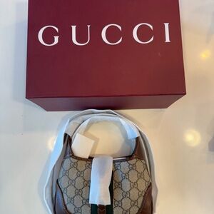 GUCCI JACKIE 1961 SHOULDER MINI BAG BEIGE BROWN CANVAS LEATHER